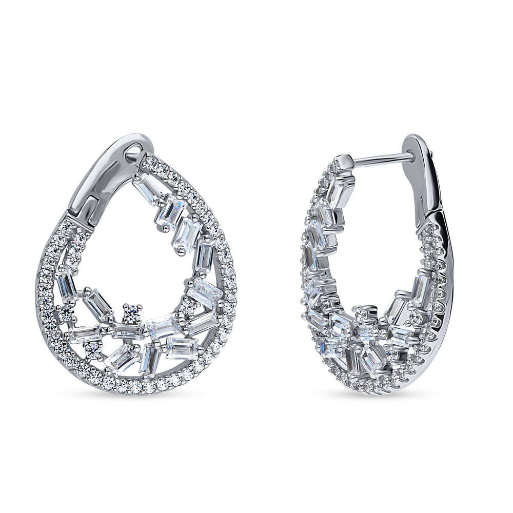 Teardrop Cluster CZ Medium Hoop Earrings in Sterling Silver 0.9"