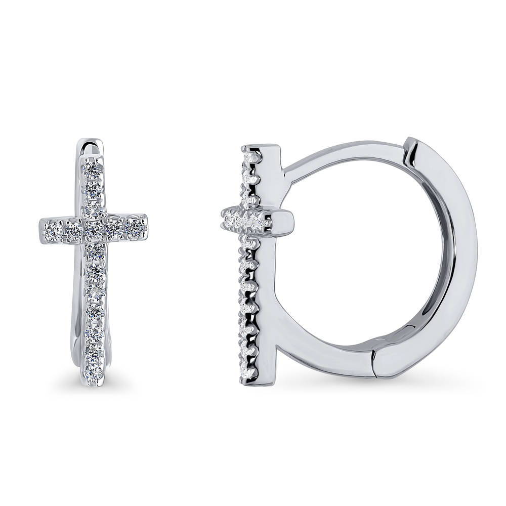 Cross CZ Small Huggie Earrings in Sterling Silver 0.5"