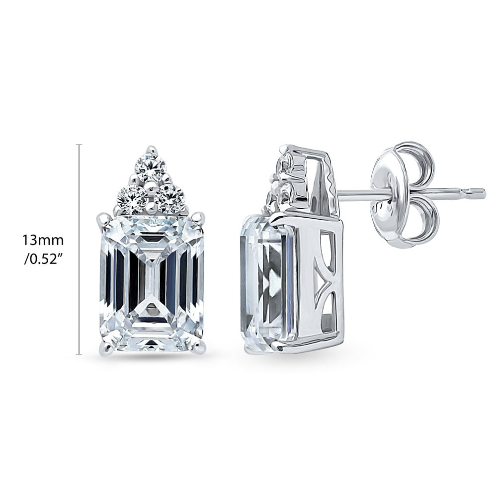 Front view of Solitaire 4.2ct Emerald Cut CZ Stud Earrings in Sterling Silver, 3 of 7