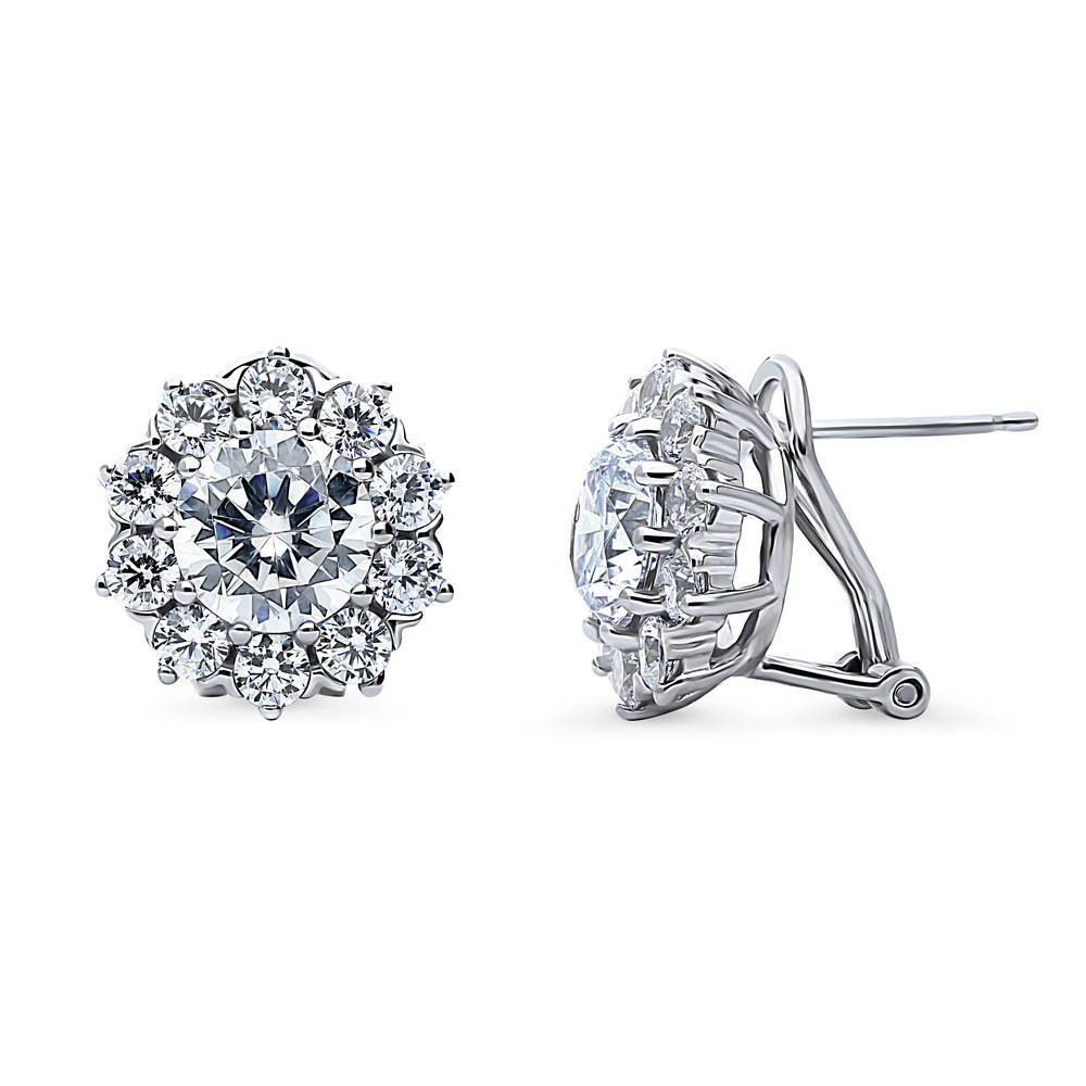 Flower Halo CZ Omega Back Stud Earrings in Sterling Silver