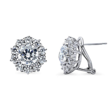 Flower Halo CZ Omega Back Stud Earrings in Sterling Silver
