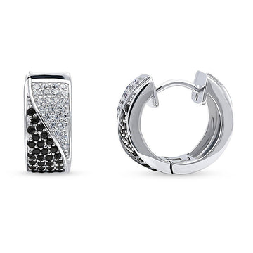 Black and White CZ Small Huggie Earrings in Sterling Silver 0.58"