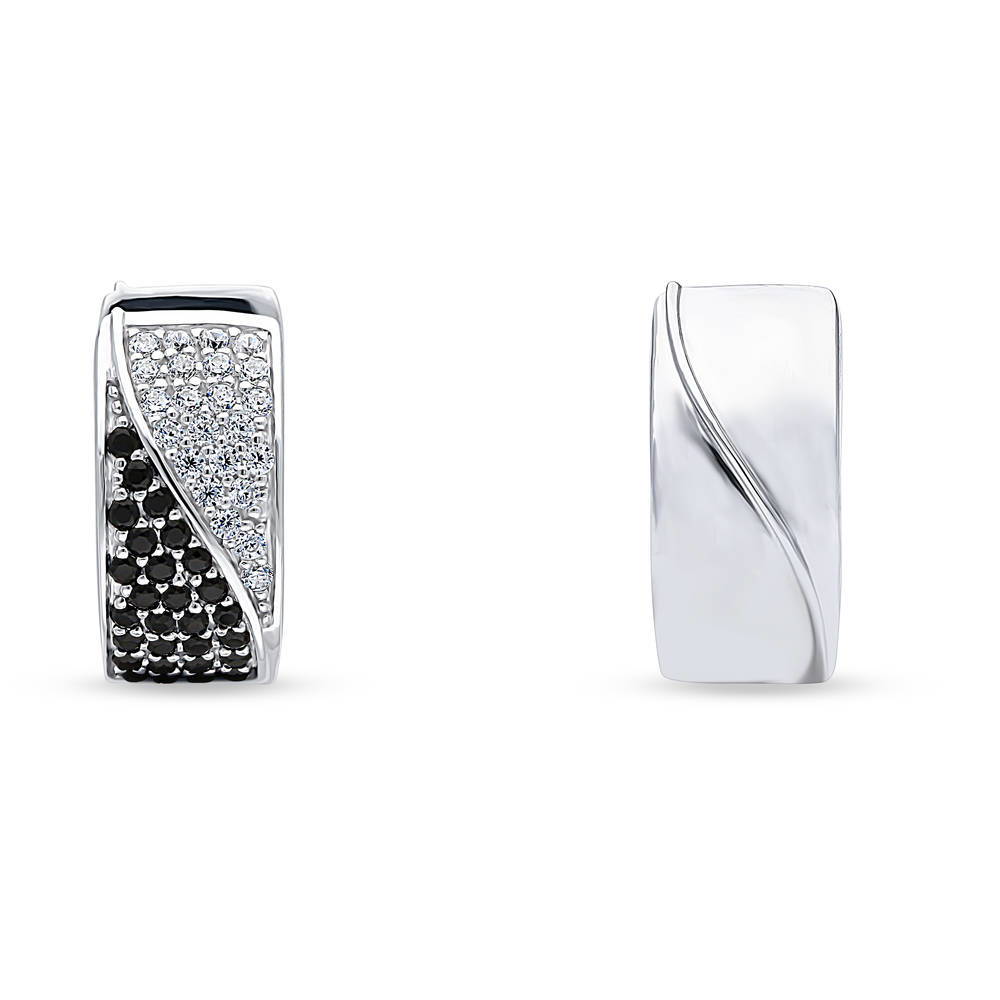 Black and White CZ Small Huggie Earrings in Sterling Silver 0.58"