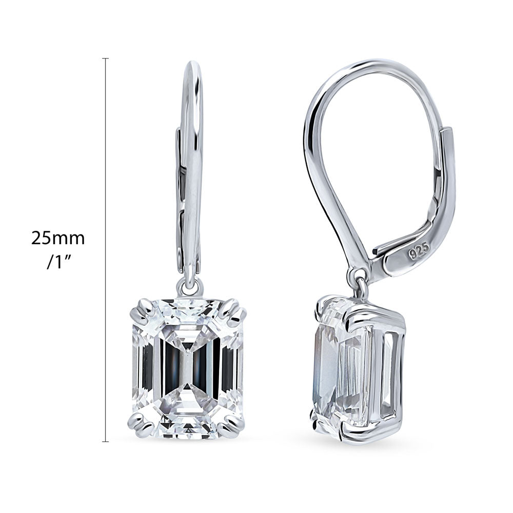 Front view of Solitaire 7.6ct Emerald Cut CZ Leverback Earrings in Sterling Silver, 3 of 10