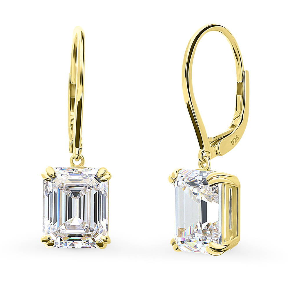 Solitaire 7.6ct Emerald Cut CZ Leverback Earrings in Sterling Silver, 1 of 12