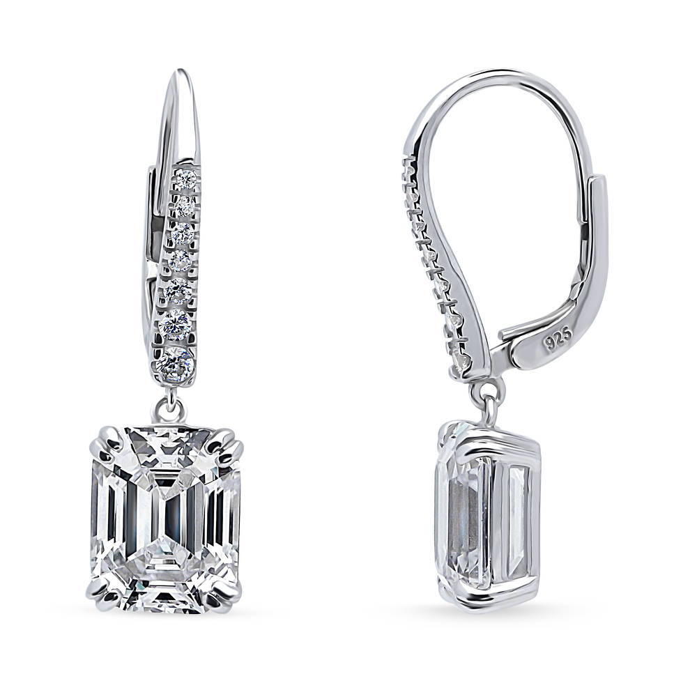 Solitaire 7.6ct Emerald Cut CZ Leverback Earrings in Sterling Silver, 1 of 4