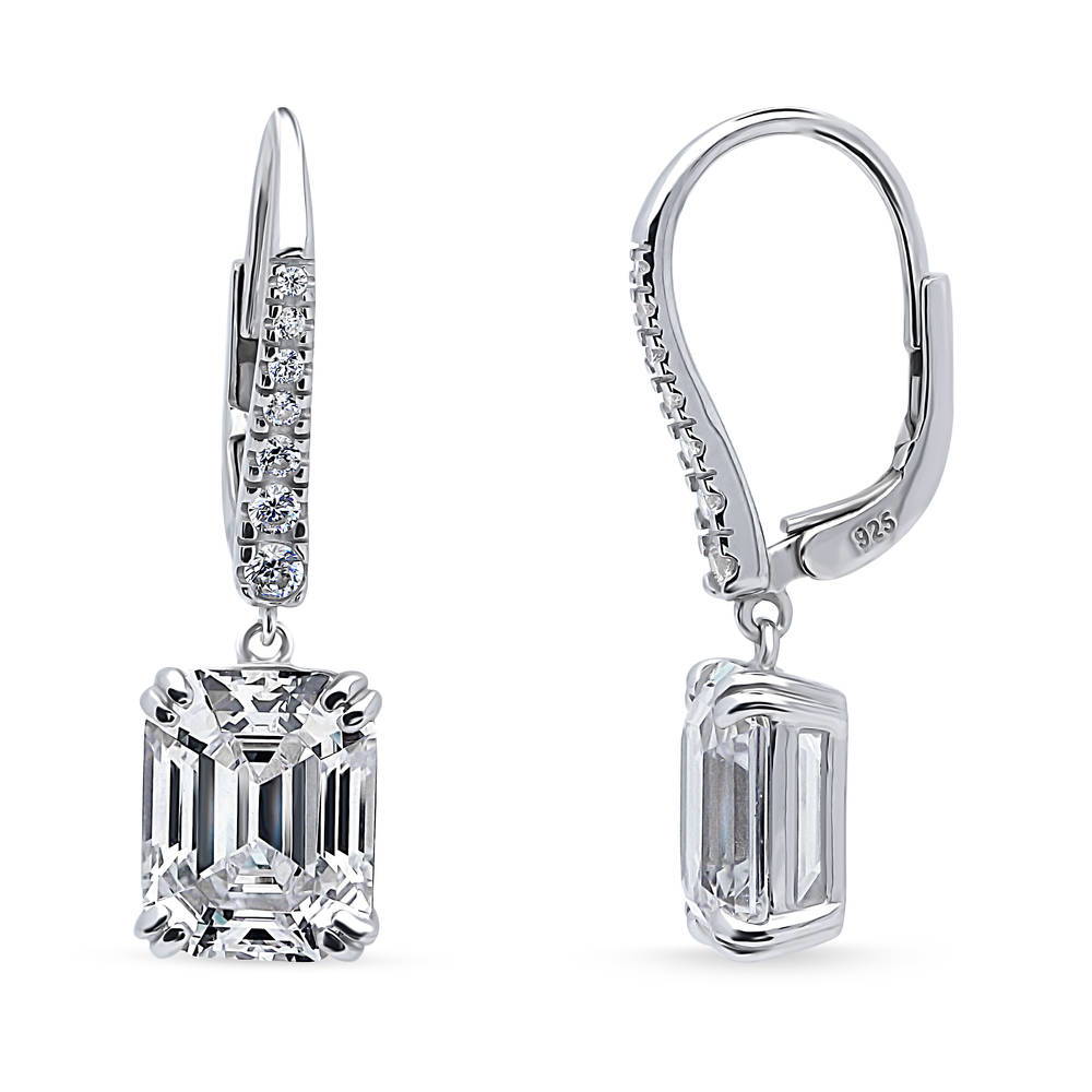 Solitaire Emerald Cut CZ Leverback Earrings in Sterling Silver, 1 of 5