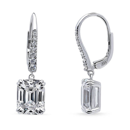 Solitaire Emerald Cut CZ Leverback Earrings in Sterling Silver
