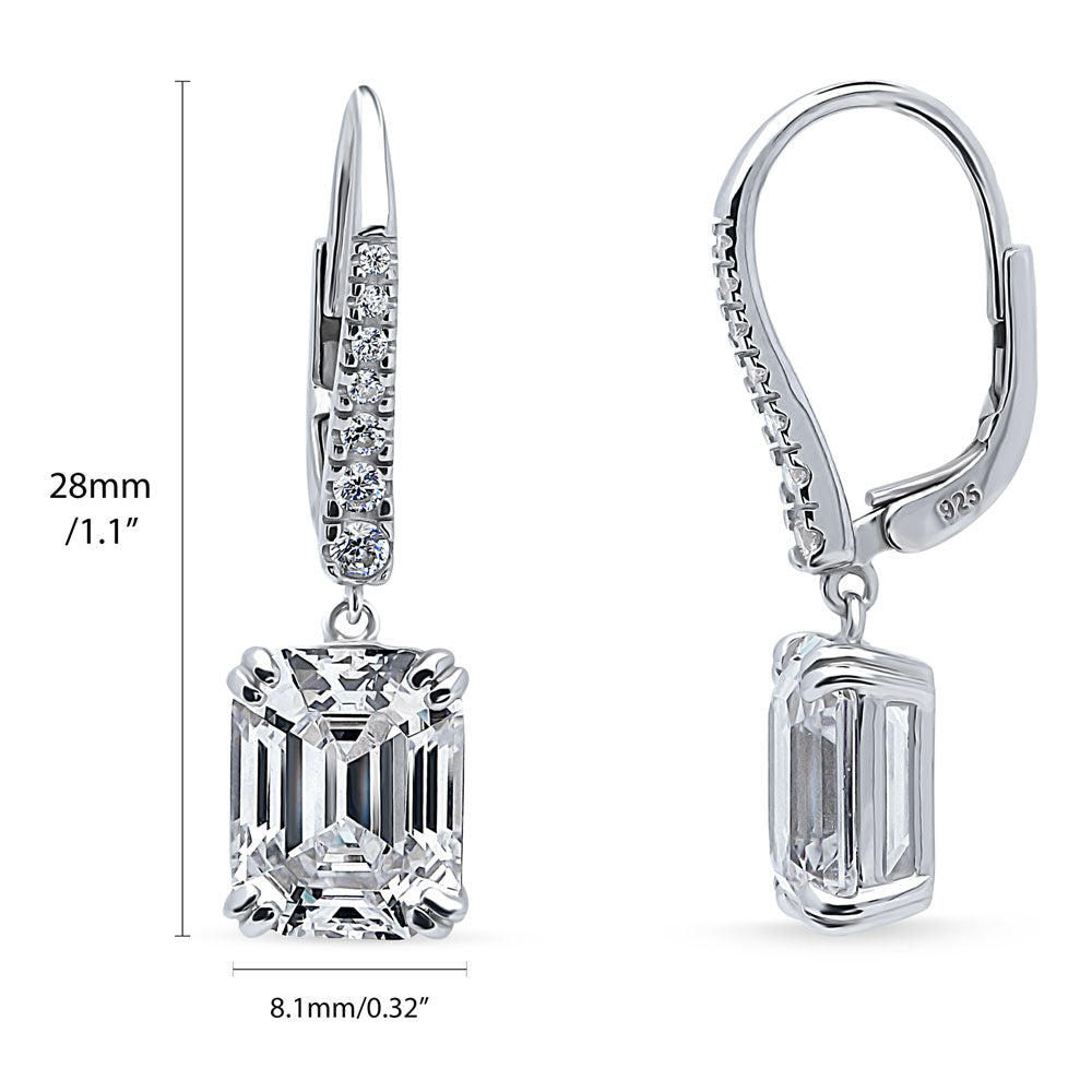 Front view of Solitaire 7.6ct Emerald Cut CZ Leverback Earrings in Sterling Silver, 3 of 4