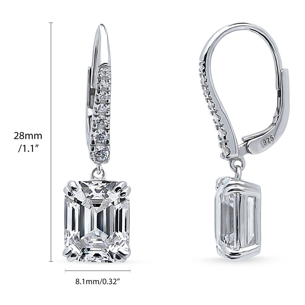 Front view of Solitaire Emerald Cut CZ Leverback Earrings in Sterling Silver, 3 of 5