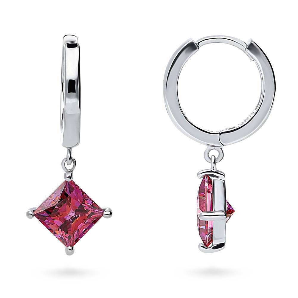 Solitaire Red Princess CZ Dangle Earrings in Sterling Silver 2.4ct, 1 of 6