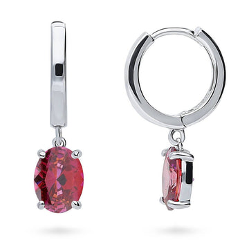 Solitaire Red Oval CZ Dangle Earrings in Sterling Silver 2.4ct