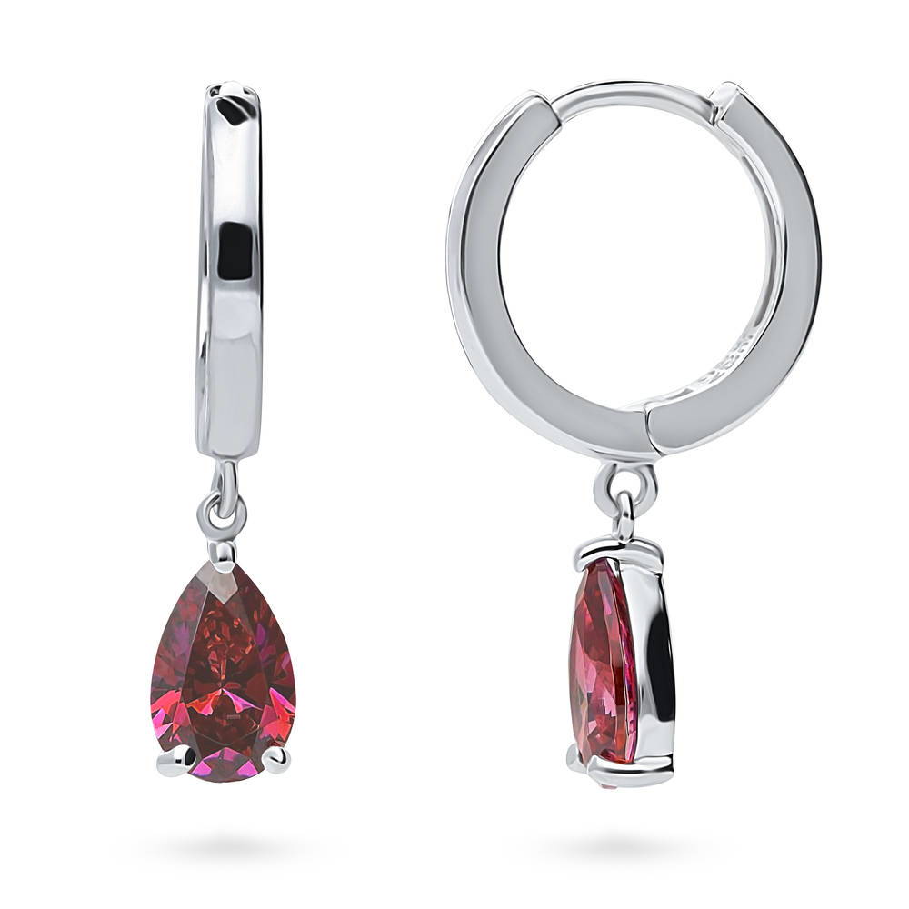 Solitaire Red Pear CZ Dangle Earrings in Sterling Silver 1.6ct