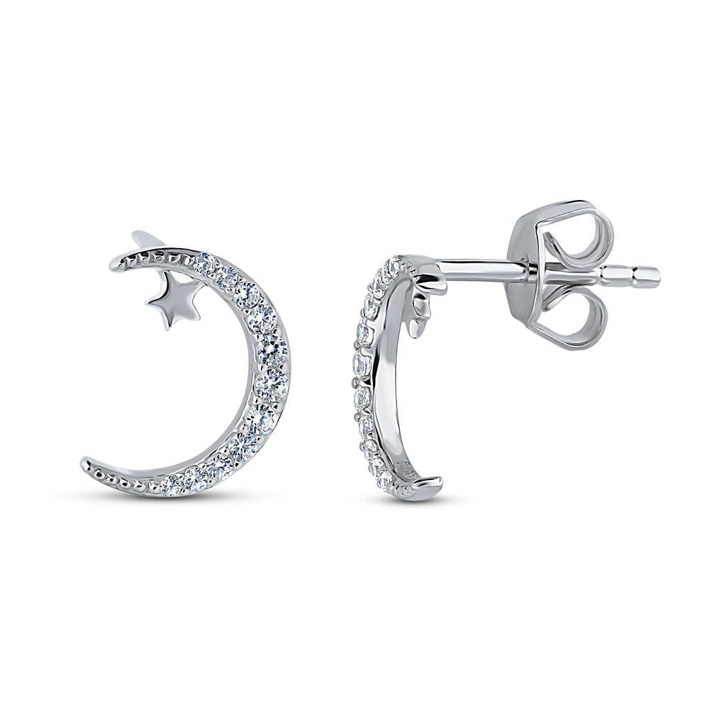 Star Crescent Moon CZ Stud Earrings in Sterling Silver