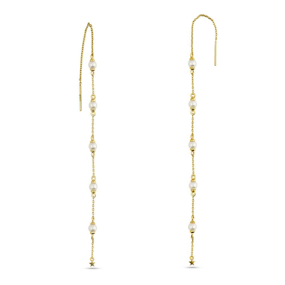 Bead Imitation Pearl Threader Earrings in Gold Flashed Sterling Silver, 1 of 4