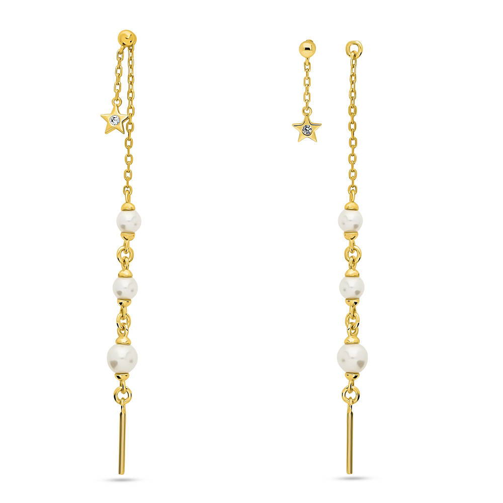 Front view of Bar Star Imitation Pearl Dangle Earring in Gold Flashed Sterling Silver, 3 of 7