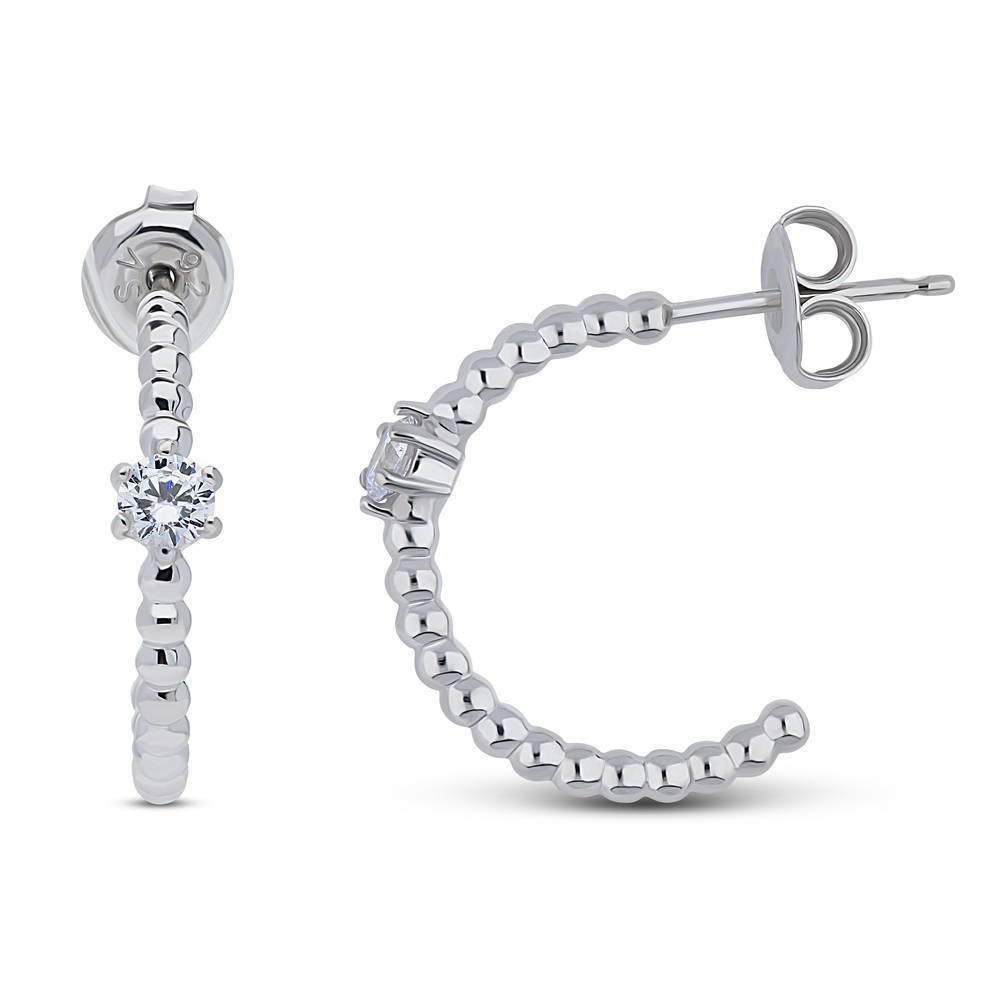 Bead Solitaire CZ Medium Half Hoop Earrings in Sterling Silver 0.75"