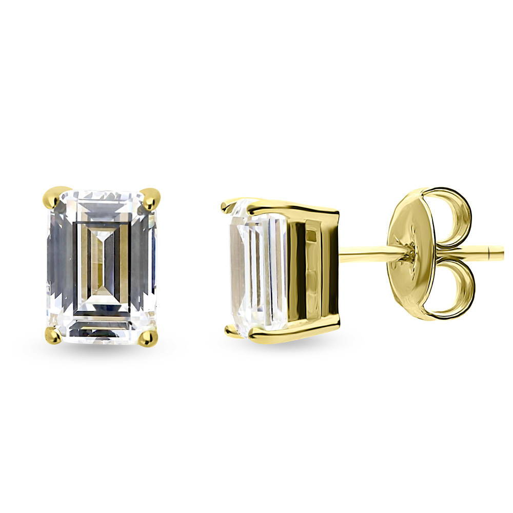 Solitaire 2ct CZ Stud Earrings in Gold Flashed Sterling Silver, 1 of 3