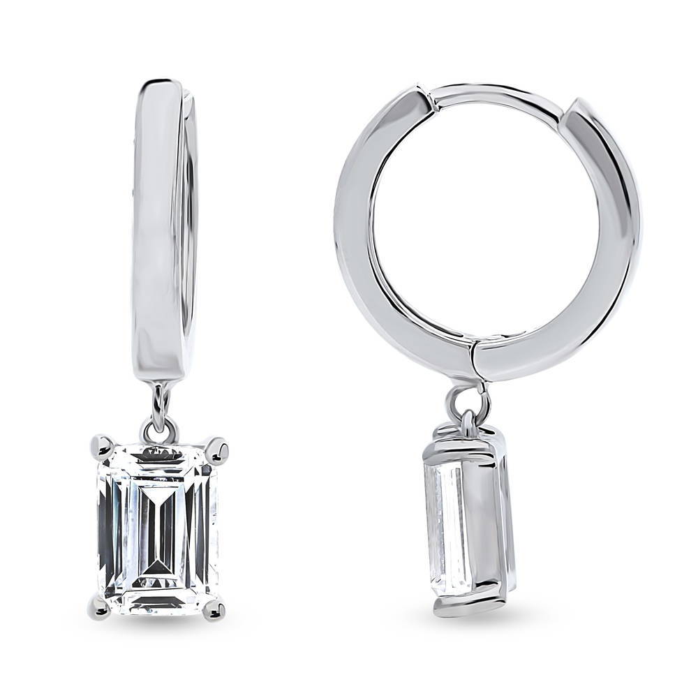 Solitaire 2ct Emerald Cut CZ Dangle Earrings in Sterling Silver, 1 of 5