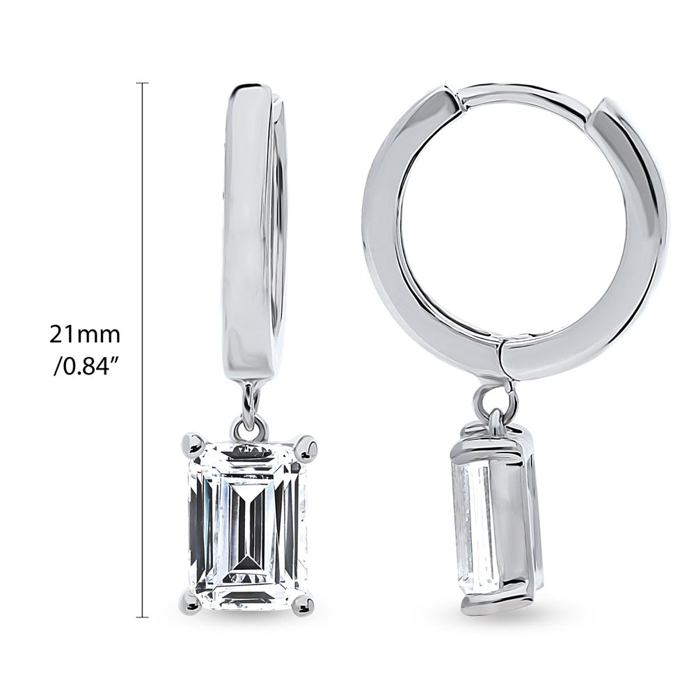Front view of Solitaire 2ct Emerald Cut CZ Dangle Earrings in Sterling Silver, 3 of 5