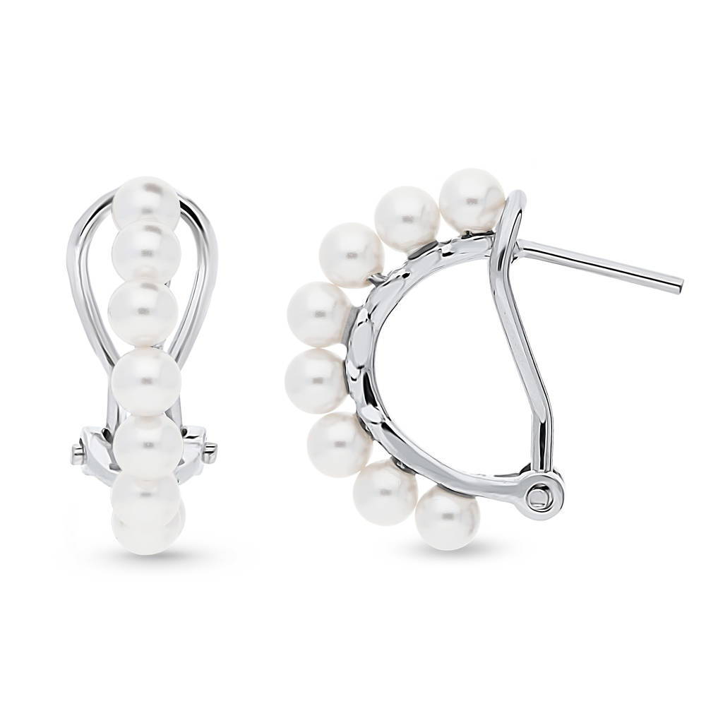 Bead Imitation Pearl Medium Half Hoop Earrings in Sterling Silver 0.64"