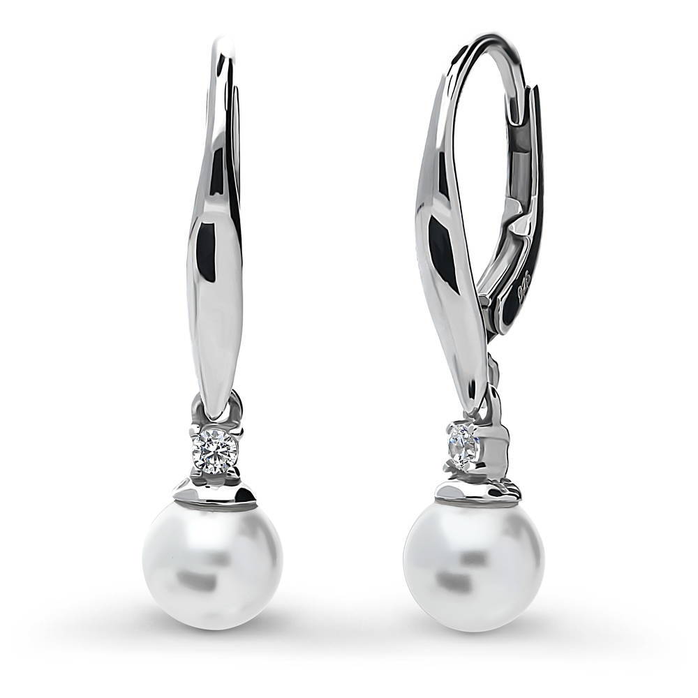 Solitaire White Round Imitation Pearl Earrings in Sterling Silver, 1 of 5