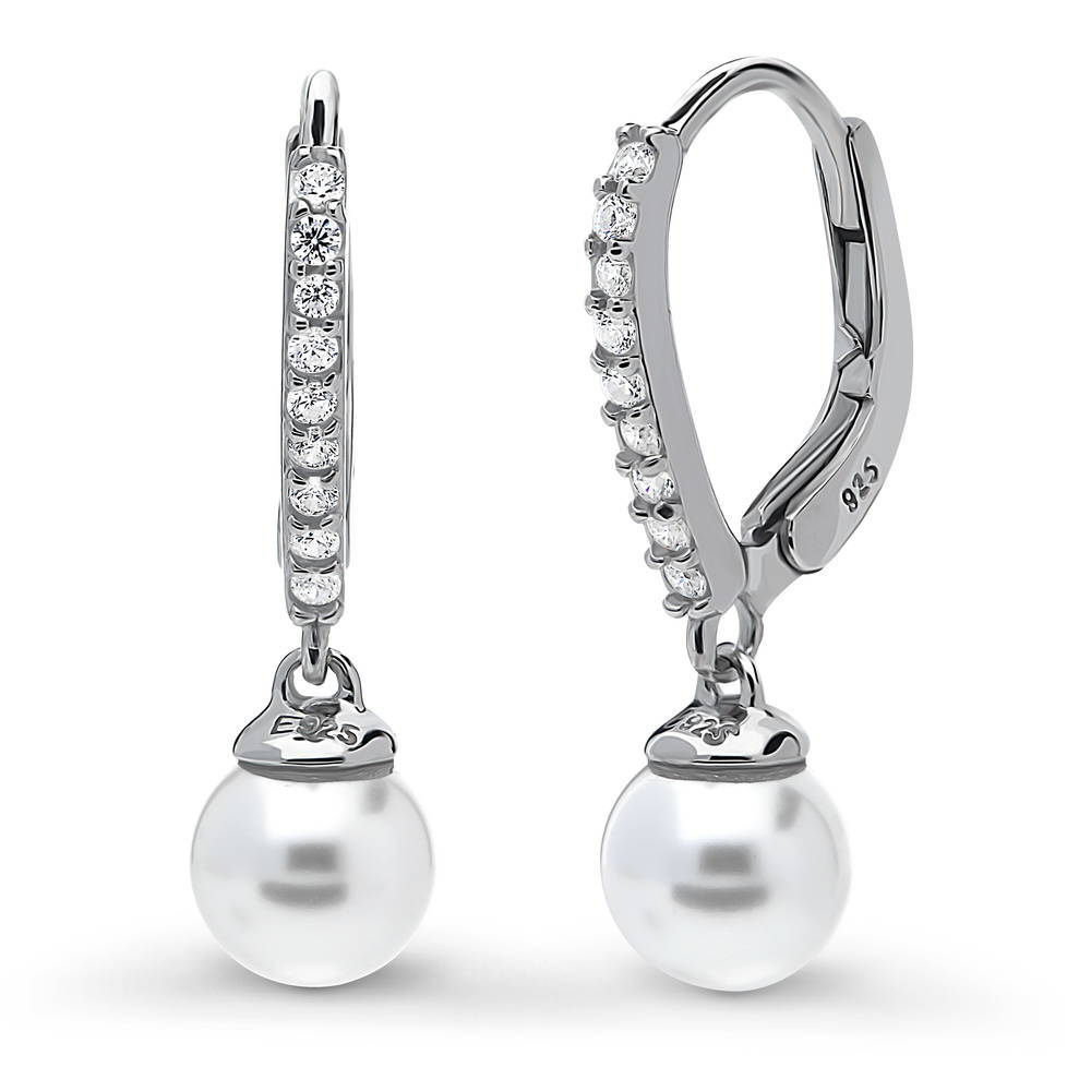 Solitaire Imitation Pearl Leverback Earrings in Sterling Silver, 1 of 4