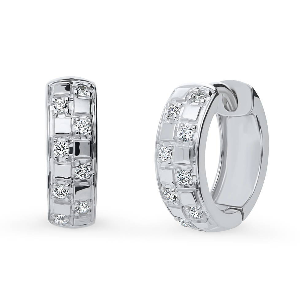 Checkerboard CZ Medium Hoop Earrings in Sterling Silver 0.6"