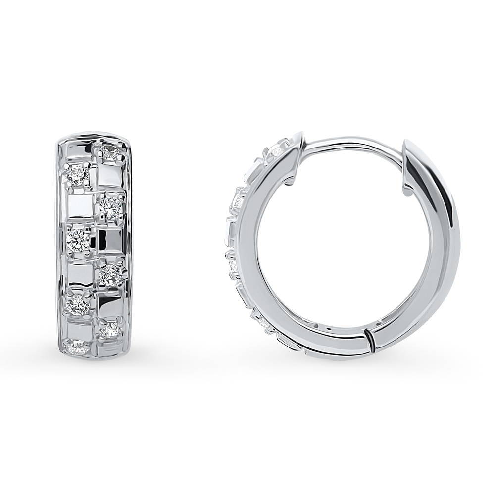 Checkerboard CZ Medium Hoop Earrings in Sterling Silver 0.6"