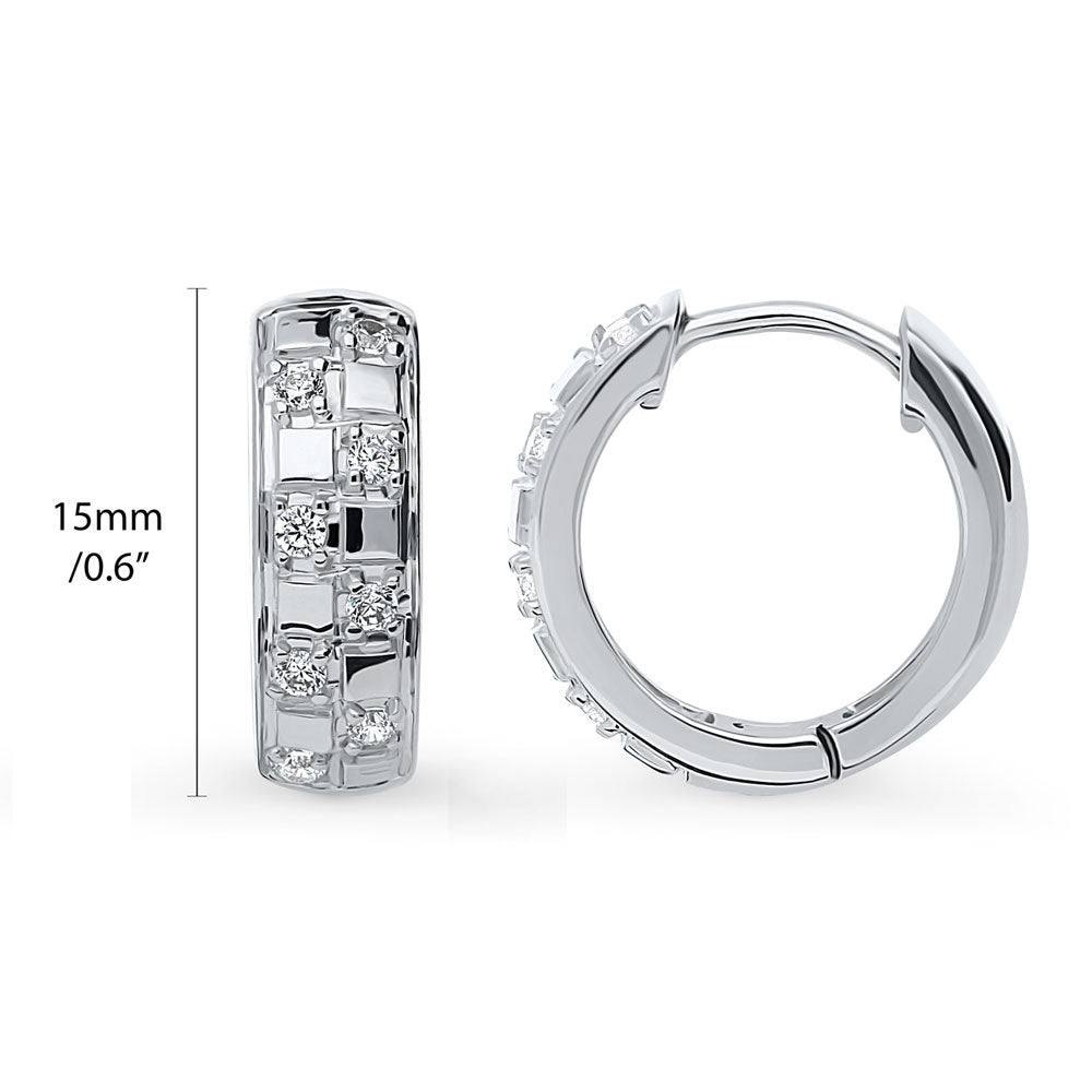 Checkerboard CZ Medium Hoop Earrings in Sterling Silver 0.6"