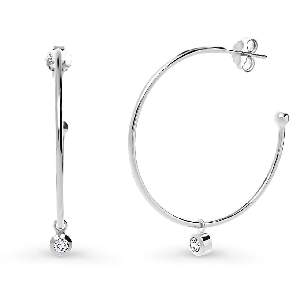 Solitaire Round CZ Half Hoop Earrings in Sterling Silver 0.22ct 1.4"