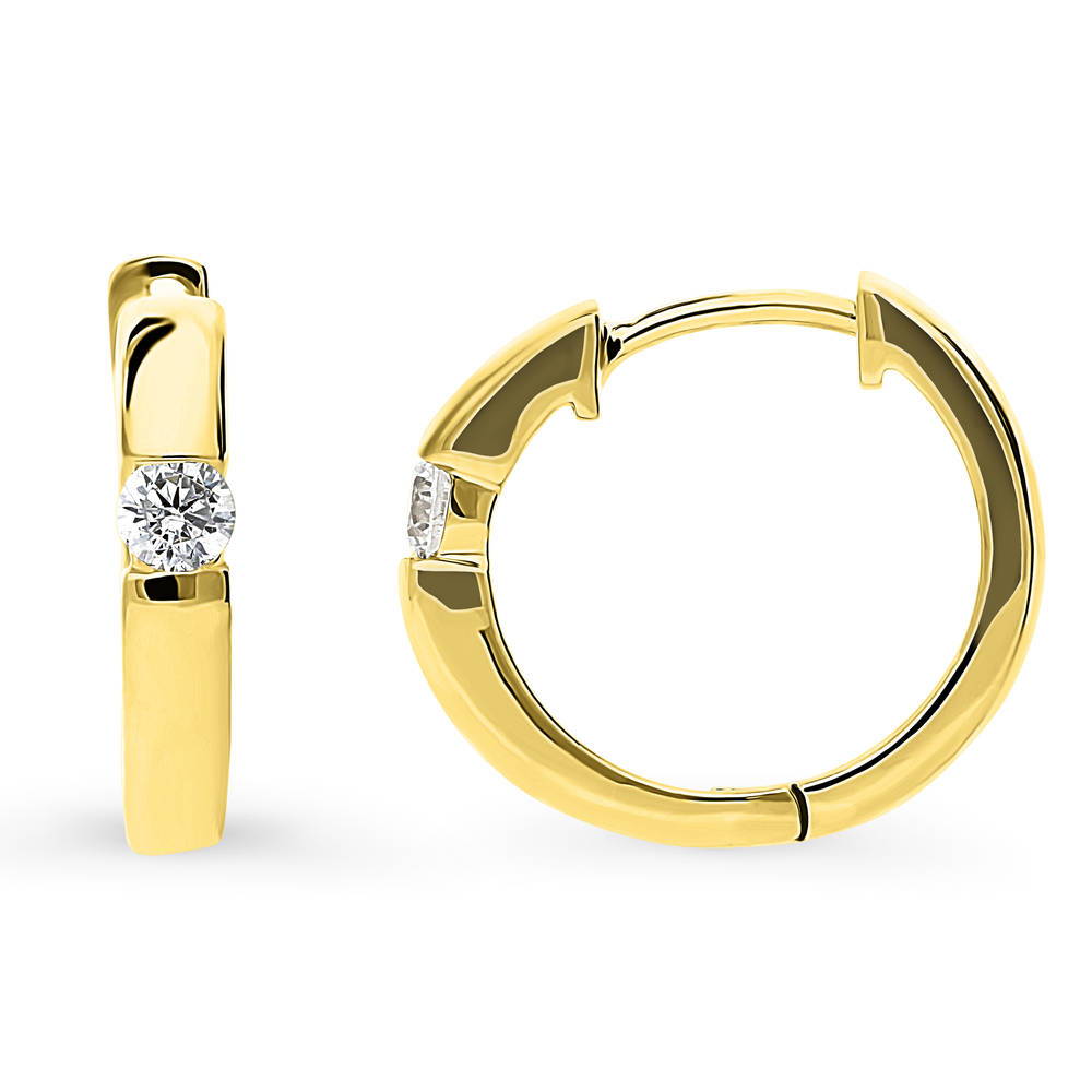 Front view of Solitaire CZ Small Hoop Earrings in Sterling Silver 0.6 inch, Gold Flashed