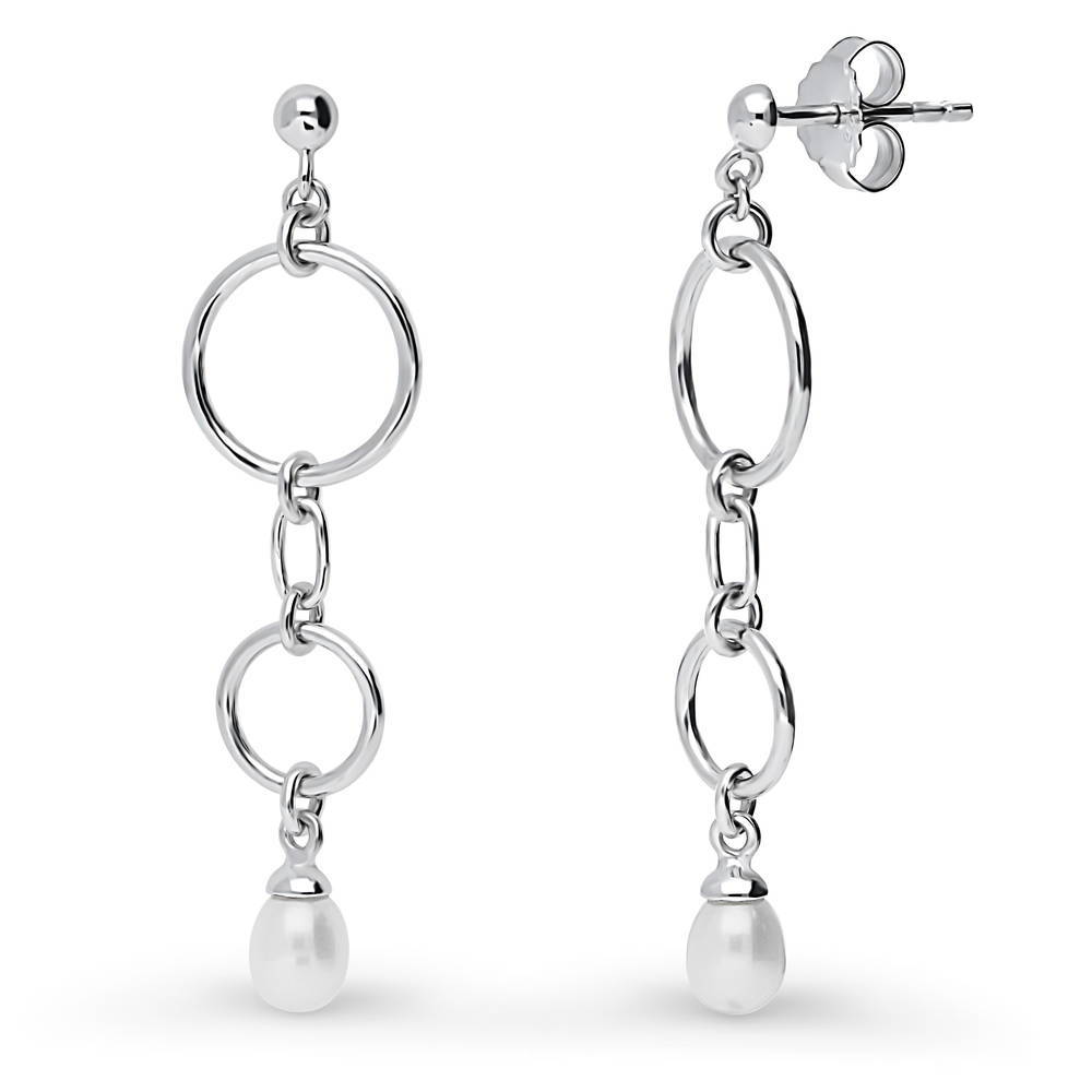 Open Circle White Drop Cultured Pearl Earrings in Sterling Silver, 1 of 2
