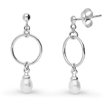 Open Circle White Drop Cultured Pearl Earrings in Sterling Silver