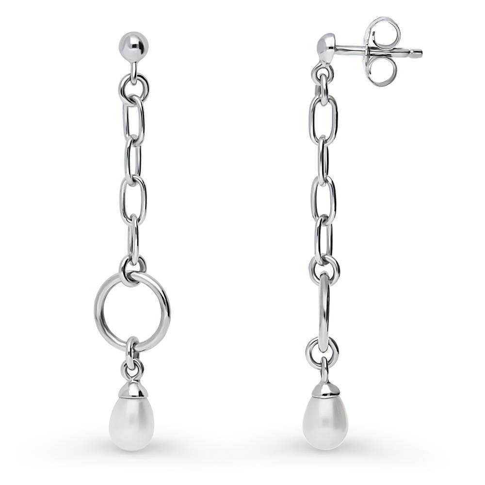 Open Circle White Drop Cultured Pearl Earrings in Sterling Silver