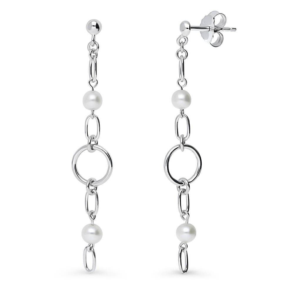 Open Circle White Round Cultured Pearl Earrings in Sterling Silver, 1 of 3