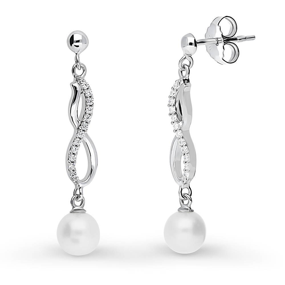 Infinity White Round Cultured Pearl Earrings in Sterling Silver