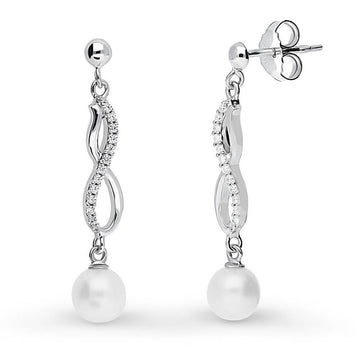 Infinity White Round Cultured Pearl Earrings in Sterling Silver
