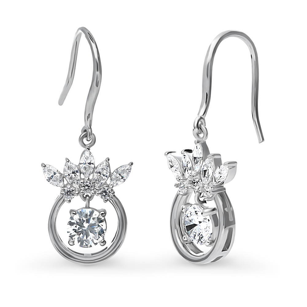 Crown Solitaire CZ Fish Hook Dangle Earrings in Sterling Silver, 1 of 6