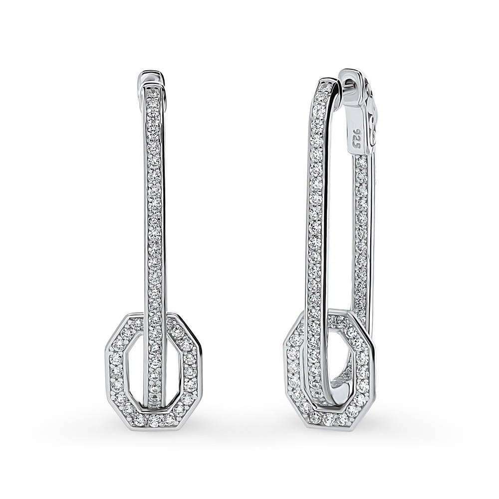 Rectangle CZ Medium Inside-Out Hoop Earrings in Sterling Silver 1.3"