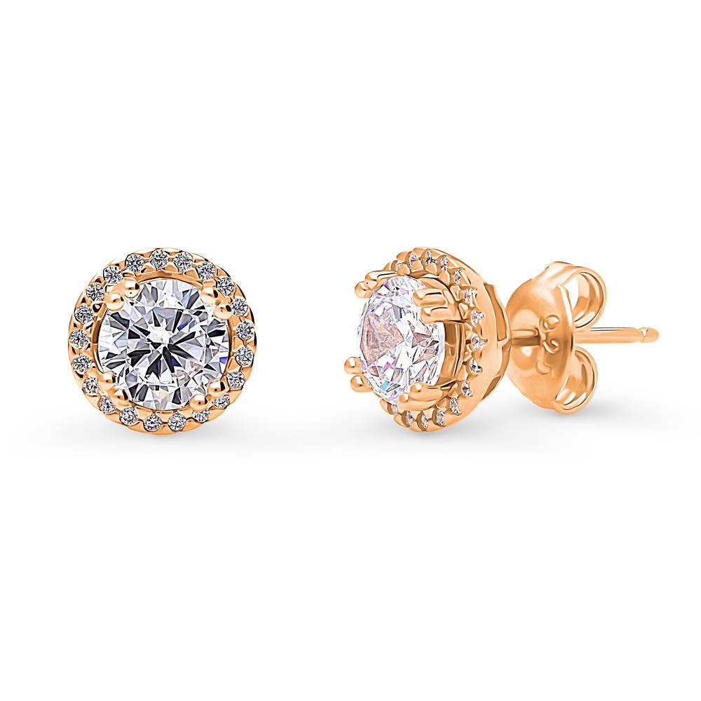 Halo CZ Stud Earrings in Sterling Silver, Rose Gold Flashed