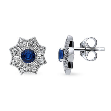 Halo Flower Blue Round CZ Stud Earrings in Sterling Silver