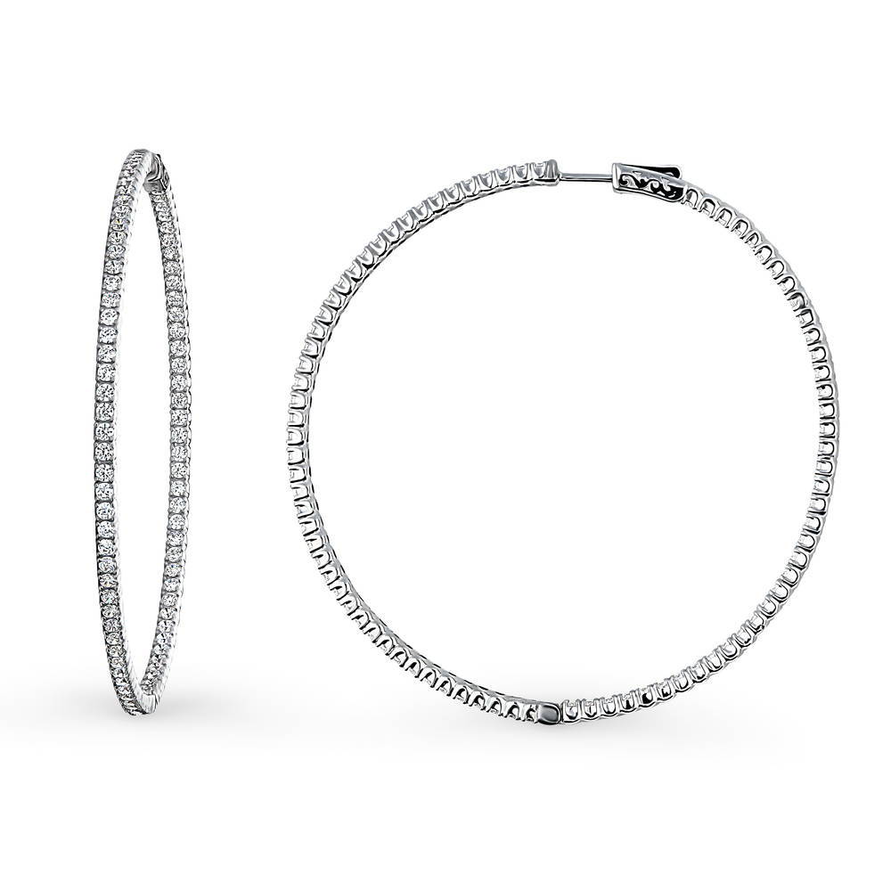 CZ Large Inside-Out Hoop Earrings in Sterling Silver 2.5 inch, Rhodium Plated