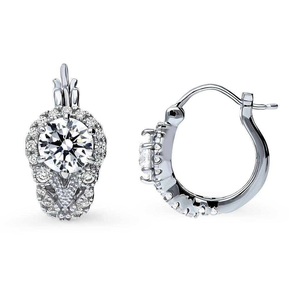 Halo Flower Round CZ Medium Hoop Earrings in Sterling Silver 0.7"