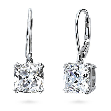 Solitaire 6ct Cushion CZ Leverback Dangle Earrings in Sterling Silver