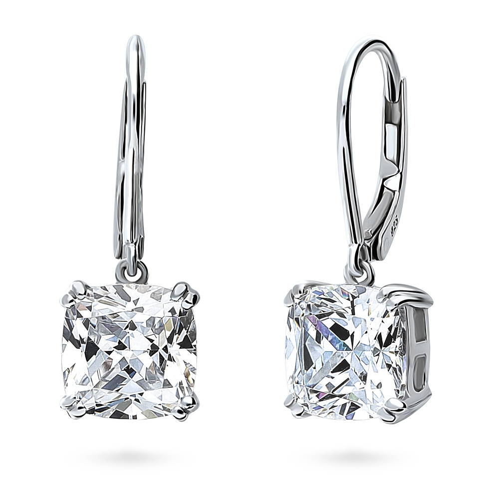 Solitaire 6ct Cushion CZ Leverback Dangle Earrings in Sterling Silver, 1 of 6