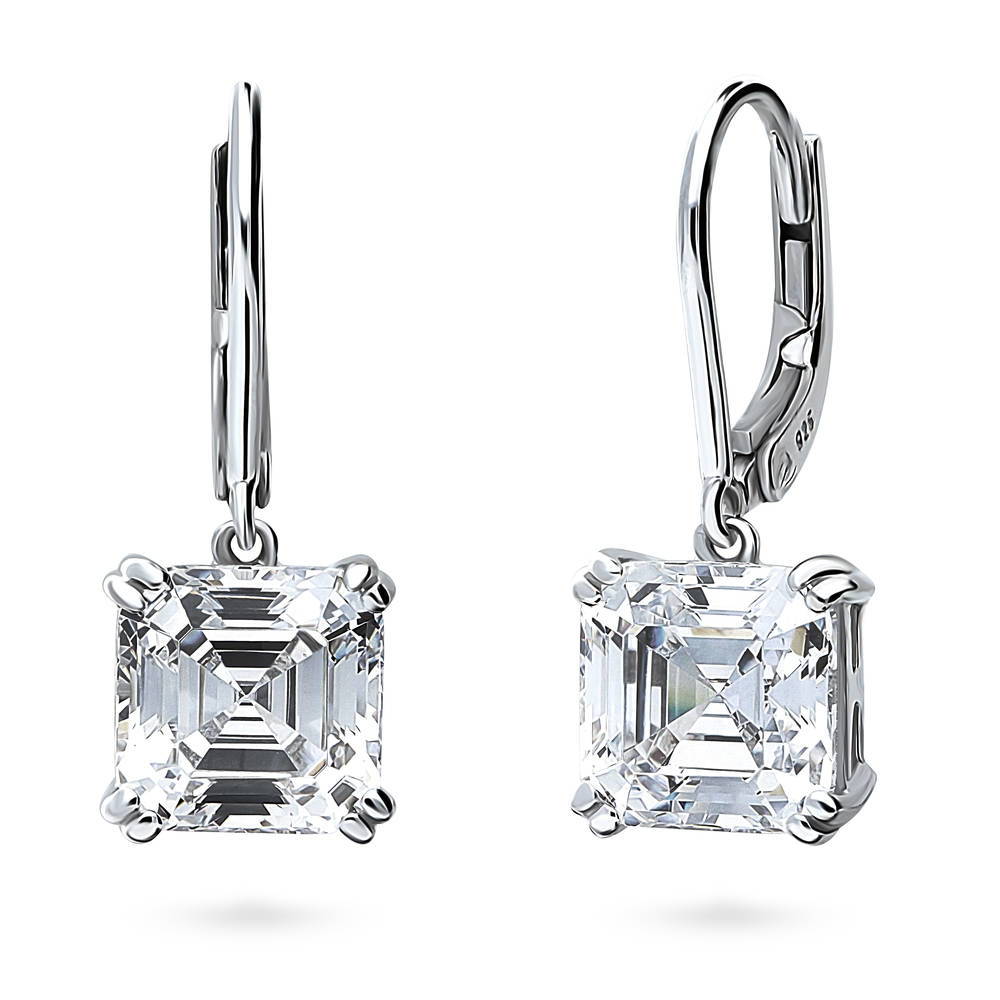 Solitaire 6ct Asscher CZ Leverback Dangle Earrings in Sterling Silver, 1 of 6