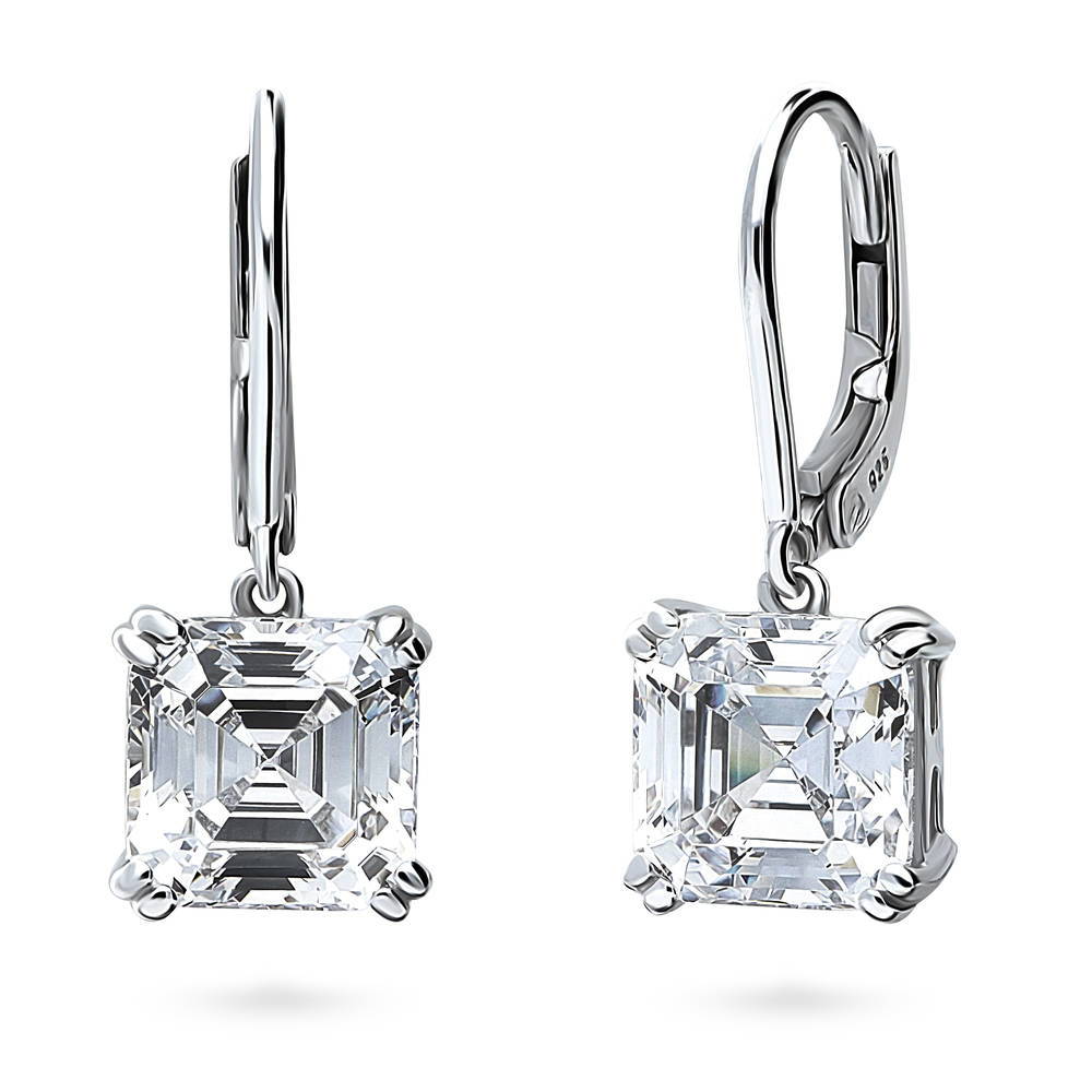 Solitaire 6ct Asscher CZ Leverback Earrings in Sterling Silver, 1 of 6