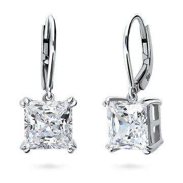 Solitaire 6ct Princess CZ Leverback Dangle Earrings in Sterling Silver