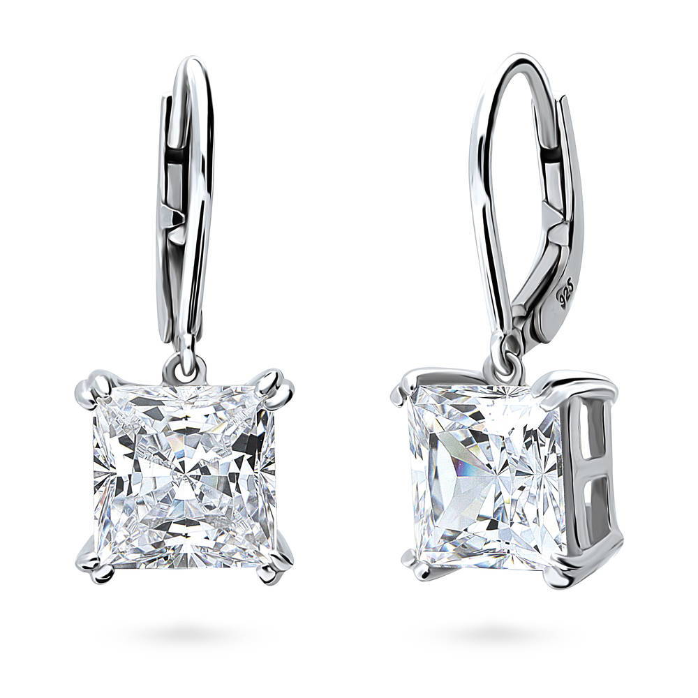 Solitaire 6ct Princess CZ Leverback Dangle Earrings in Sterling Silver, 1 of 6